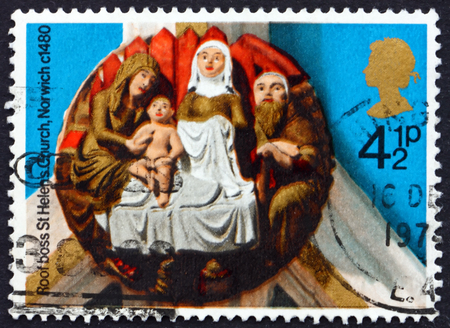 GREAT BRITAIN - CIRCA 1974: a stamp printed in the Great Britain shows Nativity, St. Helen's, Norwich, about 1480, circa 1974のeditorial素材