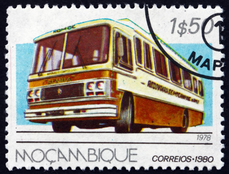 MOZAMBIQUE - CIRCA 1980: a stamp printed in Mozambique shows Scania Marcopolo, 1978, Public Transportation, circa 1980のeditorial素材