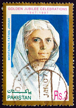 PAKISTAN - CIRCA 1997: a stamp printed in Pakistan shows Mohtarma Fatima Jinnah, Dental Surgeon, Biographer, Stateswoman and One of the Leading Founders of Pakistan, Independence, 50th Anniversary, circa 1997のeditorial素材