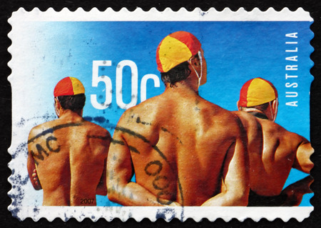 AUSTRALIA - CIRCA 2007: a stamp printed in the Australia shows Male Lifeguards, Surf Life Saving Australia, Centenary, circa 2007のeditorial素材
