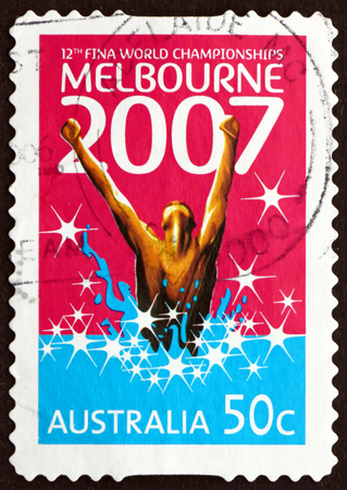AUSTRALIA - CIRCA 2007: a stamp printed in the Australia dedicated to 12th FINA World Swimming Championships, Melbourne, circa 2007のeditorial素材