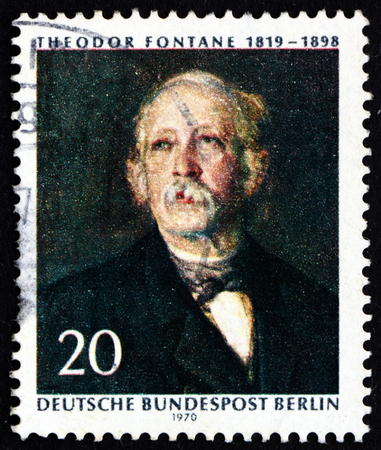 GERMANY - CIRCA 1970: a stamp printed in the Germany, Berlin shows Theodor Fontaine, Poet and Writer, Painting by Hanns Fechner, circa 1970のeditorial素材