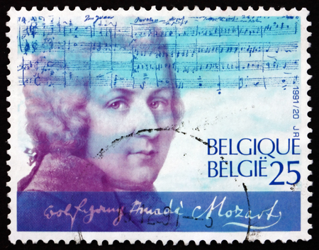 BELGIUM - CIRCA 1991: a stamp printed in the Belgium shows Wolfgang Amadeus Mozart, Composer, circa 1991のeditorial素材