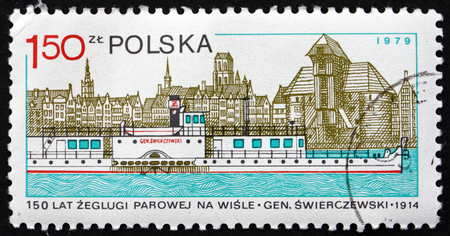 POLAND - CIRCA 1979: a stamp printed in Poland shows Steamer General Swierczewski and Gdansk, 150th Anniversary of the Vistula River Navigation, circa 1979のeditorial素材