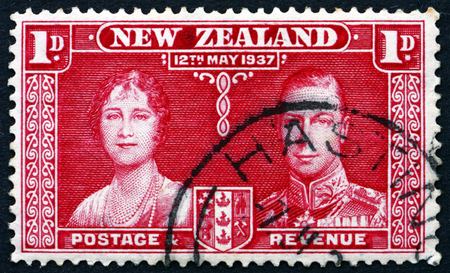 NEW ZEALAND - CIRCA 1937: a stamp printed in New Zealand shows Queen Elizabeth and King George VI, Coronation of George VI and Elizabeth, circa 1937のeditorial素材