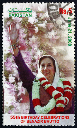 PAKISTAN - CIRCA 2008: a stamp printed in Pakistan shows Mohtarma Benazir Bhutto, 55th Birthday Celebration, circa 2008のeditorial素材