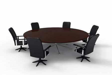 Conference table with six chairs on white background, 3D rendering