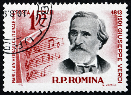 ROMANIA - CIRCA 1963: a stamp printed in Romania shows Giuseppe Verdi, Italian Opera Composer, circa 1963のeditorial素材