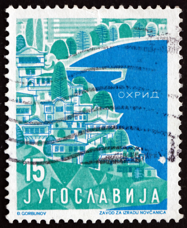 YUGOSLAVIA - CIRCA 1959: a stamp printed in Yugoslavia shows Ohrid, Macedonia, Tourist Attractions, circa 1959のeditorial素材
