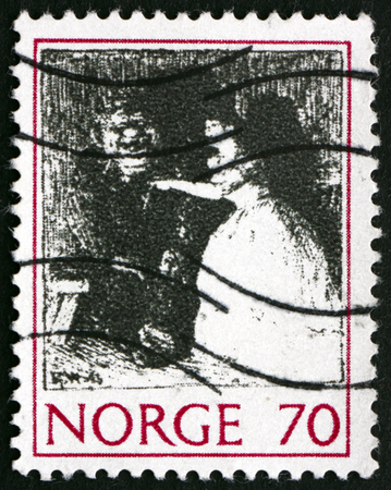 NORWAY - CIRCA 1971: a stamp printed in the Norway shows the Troll and the Girl, Illustration for Legends and Folk Tales by Erik Werenskiold, circa 1971のeditorial素材
