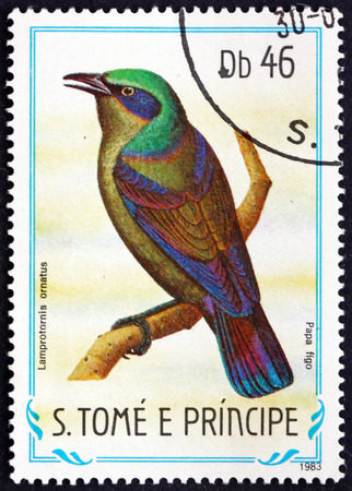 SAO TOME AND PRINCIPE - CIRCA 1983: a stamp printed in Sao Tome and Principe shows Principe Starling, Lamprotornis Ornatus, Endemic Bird, circa 1983のeditorial素材
