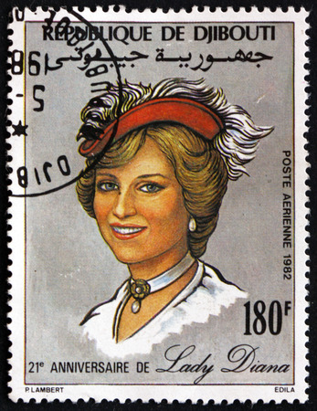 DJIBOUTI - CIRCA 1982: a stamp printed in the Djibouti shows Princess Diana of Wales, circa 1982のeditorial素材