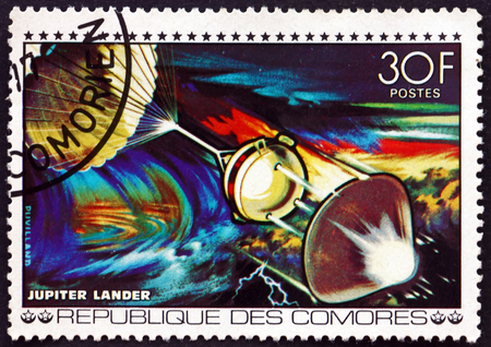 COMOROS - CIRCA 1977: a stamp printed in Comoros shows Jupiter Lander, Space Exploration, circa 1977のeditorial素材