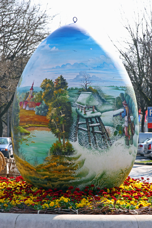 CROATIA KOPRIVNICA, 20 MARCH 2016: Exhibition of large Easter eggs 'Egg from the heart' at Zrinski square in Koprivnica, Croatiaのeditorial素材