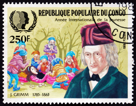 CONGO - CIRCA 1985: a stamp printed in Congo shows Jacob Grimm, German Philologist, Jurist and Fabulist, Sleeping Beauty, circa 1985のeditorial素材