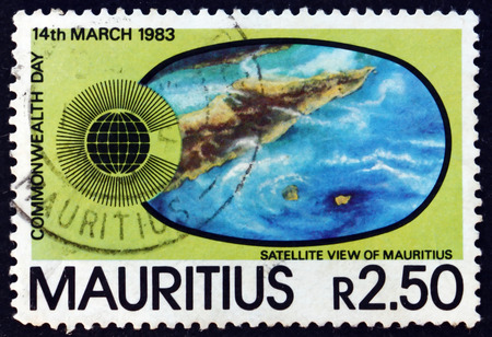 MAURITIUS - CIRCA 1983: a stamp printed in Mauritius shows Satellite view of Mauritius, circa 1983のeditorial素材