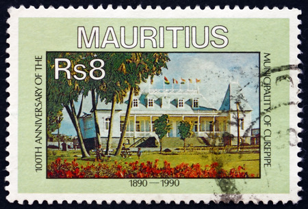 MAURITIUS - CIRCA 1990: a stamp printed in Mauritius shows Municipality of Curepipe, centenary, circa 1990のeditorial素材