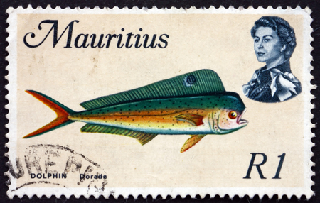 MAURITIUS - CIRCA 1969: a stamp printed in Mauritius shows Common dolphinfish, coryphaena hippurus, is a species of marine fish, circa 1969のeditorial素材