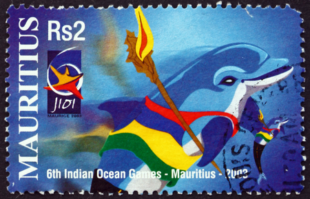 MAURITIUS - CIRCA 2003: a stamp printed in Mauritius dedicated to Sixth Indian ocean games, Mauritius, circa 2003のeditorial素材