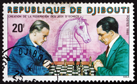 DJIBOUTI - CIRCA 1980: a stamp printed in the Djibouti shows Chess players, knight, circa 1980のeditorial素材
