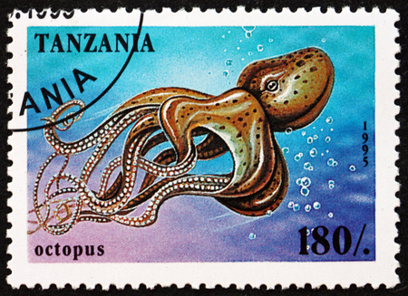 TANZANIA - CIRCA 1995: a stamp printed in Tanzania shows Octopus, marine life of coral reefs, circa 1995のeditorial素材