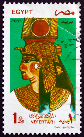 EGYPT - CIRCA 1997: a stamp printed in Egypt shows Queen Nefertari Meritmut, the first of the Great Royal Wives of Ramsesses the Great, circa 1997のeditorial素材