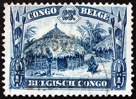 BELGIAN CONGO - CIRCA 1932: a stamp printed in Belgian Congo shows Uele hut, circa 1932のeditorial素材