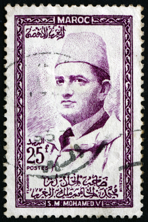MOROCCO - CIRCA 1957: a stamp printed in Morocco shows Mohammed V, Sultan of Morocco, circa 1957のeditorial素材