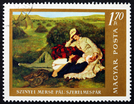 HUNGARY - CIRCA 1967: a stamp printed in Hungary shows The Lovers, Painting by Pal Szinyei Merse, Hungarian Painter, circa 1967のeditorial素材