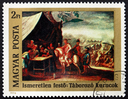HUNGARY - CIRCA 1976: a stamp printed in Hungary shows Camp of the Kurucs, Painting by Unknown Painter, 300th Birth Anniversary of Francis II Rakoczy, Leader of Hungarian Protestant Insurrection, circa 1976のeditorial素材