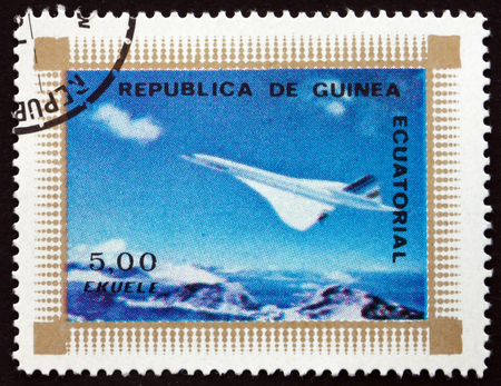 EQUATORIAL GUINEA - CIRCA 1976: a stamp printed in Equatorial Guinea shows Concorde, Airplane, circa 1976のeditorial素材