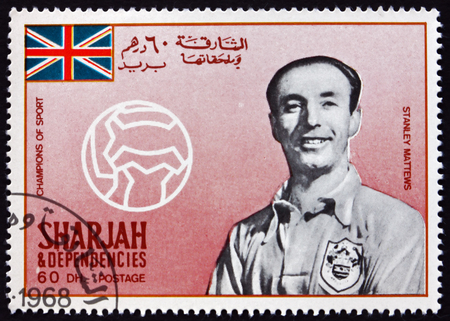 SHARJAH - CIRCA 1968: a stamp printed in Sharjah UAE shows Sir Stanley Matthews, Famous Soccer Player, circa 1968のeditorial素材