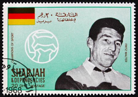 SHARJAH - CIRCA 1968: a stamp printed in Sharjah UAE shows Friedrich Fritz Walter, Famous Soccer Player, circa 1968のeditorial素材