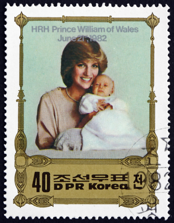 NORTH KOREA - CIRCA 1982: a stamp printed in North Korea shows Princess Diana with Prince William, Birth of Prince William of Wales, circa 1982のeditorial素材