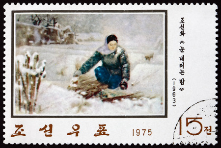 NORTH KOREA - CIRCA 1975: a stamp printed in North Korea shows Night with Snowfall (1963), Korean Painting, circa 1975のeditorial素材