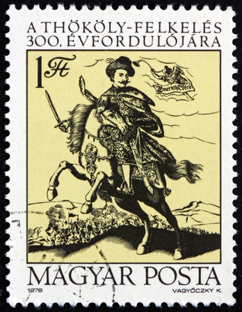 HUNGARY - CIRCA 1978: a stamp printed in Hungary shows Count Imre Thokoly, 300th Anniversary of Hungarys Independence Movement, Led by Imre Thokoly, circa 1978のeditorial素材