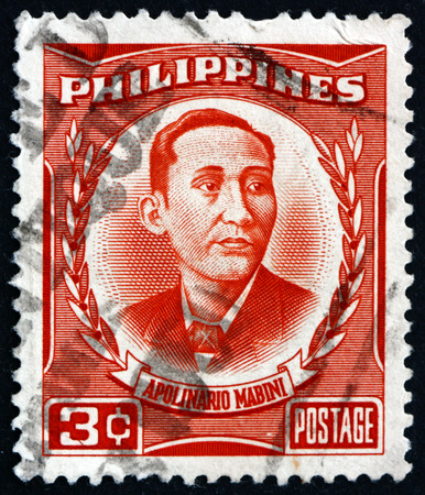 PHILIPPINES - CIRCA 1959: a stamp printed in Philippines shows Apolinario Mabini, Portrait, 1st Prime Minister of the Philippines, Lawyer, Political Philosopher and Revolutionary, circa 1959のeditorial素材