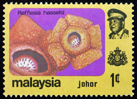 MALAYA - CIRCA 1979: a stamp printed in Malaya shows Rafflesia Hasseltii with Portrait of Sultan Ismail, circa 1979のeditorial素材