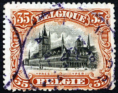 BELGIUM - CIRCA 1915: a stamp printed in the Belgium shows Cloth Hall of Ypres, circa 1915のeditorial素材