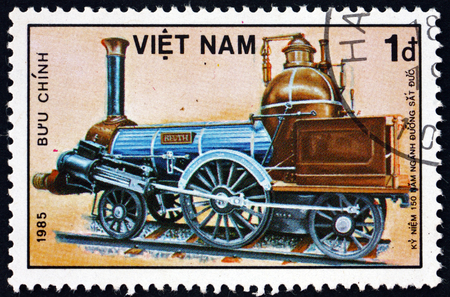 VIETNAM - CIRCA 1985: a stamp printed in Vietnam shows locomotive, 150th anniversary of German railways, circa 1985のeditorial素材