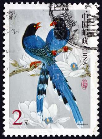 CHINA, PEOPLES REPUBLIC OF - CIRCA 2000: a stamp printed in the China shows Taiwan blue magpie, urocissa caerulea, bird, circa 2000のeditorial素材