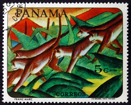 PANAMA - CIRCA 1967: a stamp printed in Panama shows Monkeys, animal painting by Franz Marc, German painter, circa 1967のeditorial素材