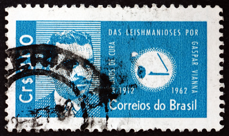 BRAZIL - CIRCA 1962: a stamp printed in the Brazil shows Dr. Gaspar Vianna and leishmania protozoa, discovery by Gaspar Oliveiro Vianna of a cure for leishmaniasis, circa 1962のeditorial素材