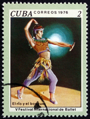 CUBA - CIRCA 1976: a stamp printed in Cuba shows scene from ballet The river and the forrest, 5th International Ballet Festival, Havana, circa 1976のeditorial素材