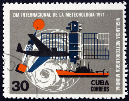CUBA - CIRCA 1971: a stamp printed in Cuba dedicated to world meteorology day, circa 1971のeditorial素材