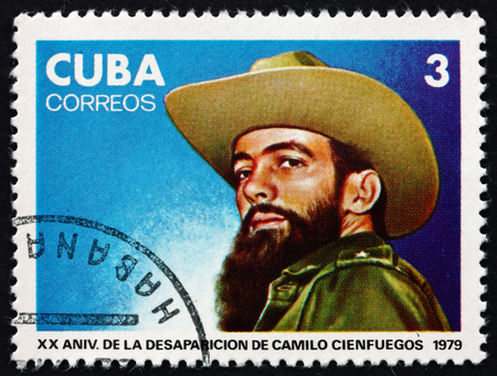CUBA - CIRCA 1979: a stamp printed in Cuba shows portrait of Camilo Cienfuegos, Cuban revolutionary, 20th anniversary of disappearance, circa 1979のeditorial素材
