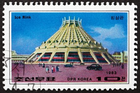 NORTH KOREA - CIRCA 1983: a stamp printed in North Korea shows Ice rink, Pyongyang building, circa 1983のeditorial素材