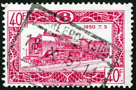 BELGIUM - CIRCA 1949: a stamp printed in Belgium shows Locomotive Type T.5, 1930, circa 1949のeditorial素材