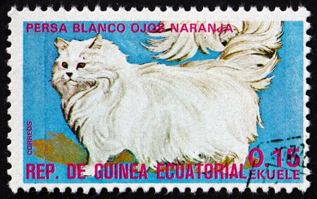 EQUATORIAL GUINEA - CIRCA 1979: a stamp printed in Equatorial Guinea shows White Persian Cat, Felis Silvestris Catus, a Domestic Cat, circa 1979のeditorial素材