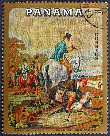 PANAMA - CIRCA 1968: a stamp printed in Panama shows hunting scene, gobelin, circa 1968のeditorial素材